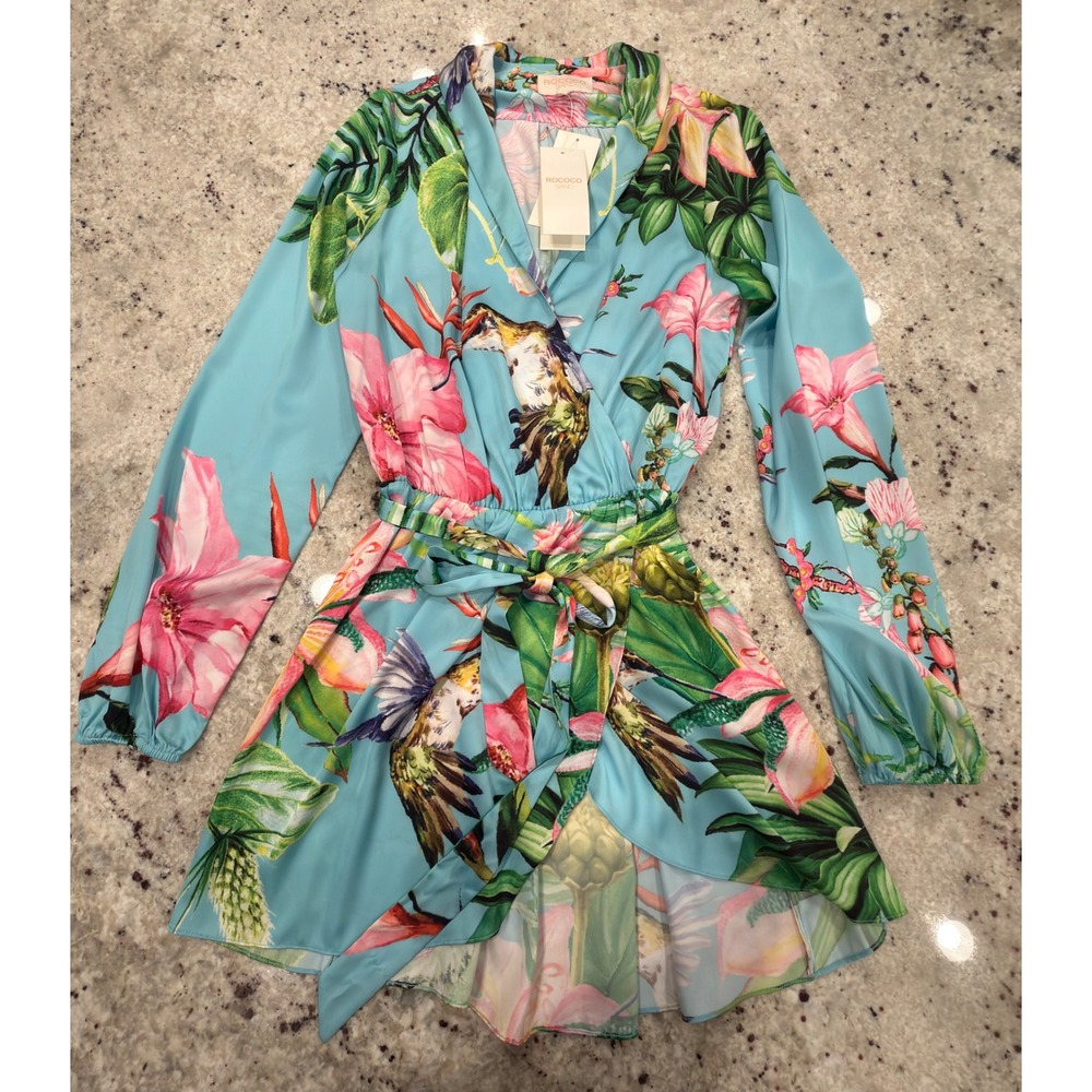 Rococo Sand Floral Hummingbird Wrap Dress Size S NWT